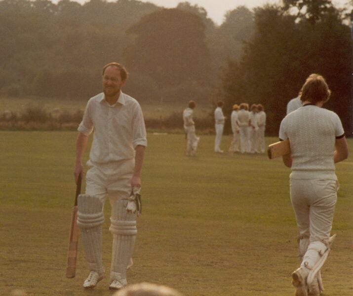 Steve Pitts on his way out to join Chris Morgan as Dave Tickner makes that long walk back to the pavilion at Dormansland in the early 1980s